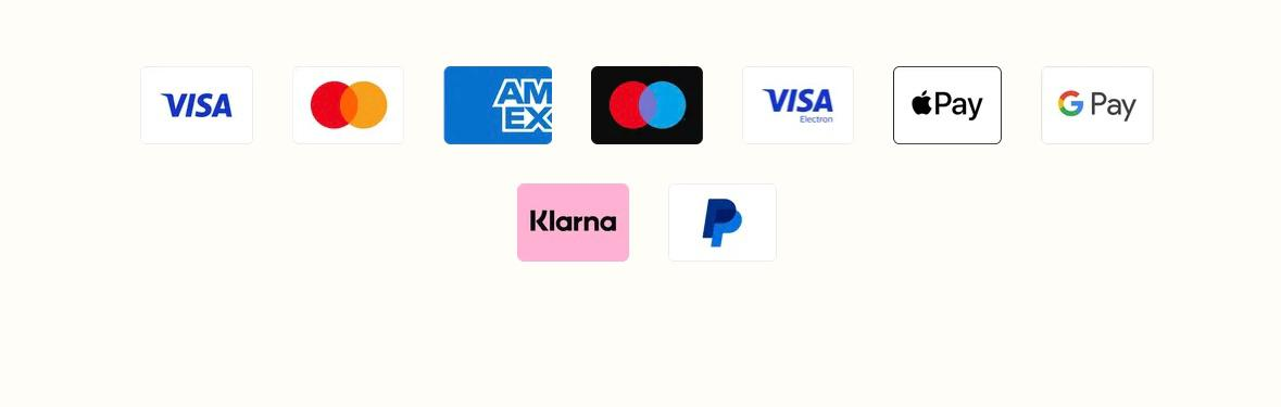 Moyens de paiement acceptés : Visa, Mastercard, Amex, Apple Pay, Google Pay, Klarna, PayPal